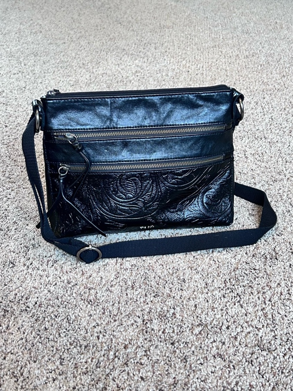 The Sak Reseda Black Leather Embossed Crossbody Bag Multiple Zip Pockets 11.5x9